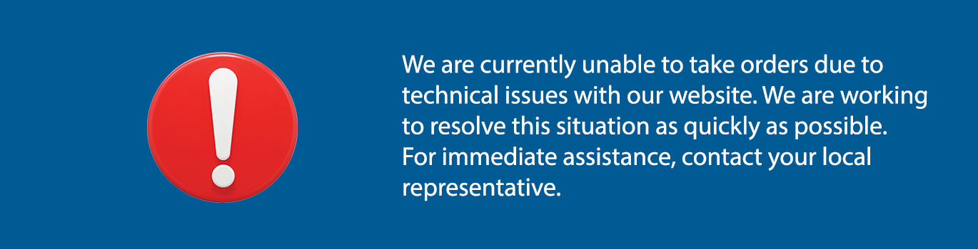 We are currently unable to take orders due to technical issues with our website. We are working to resolve this situation as quickly as possible. For immediate assistance, contact your local representative.